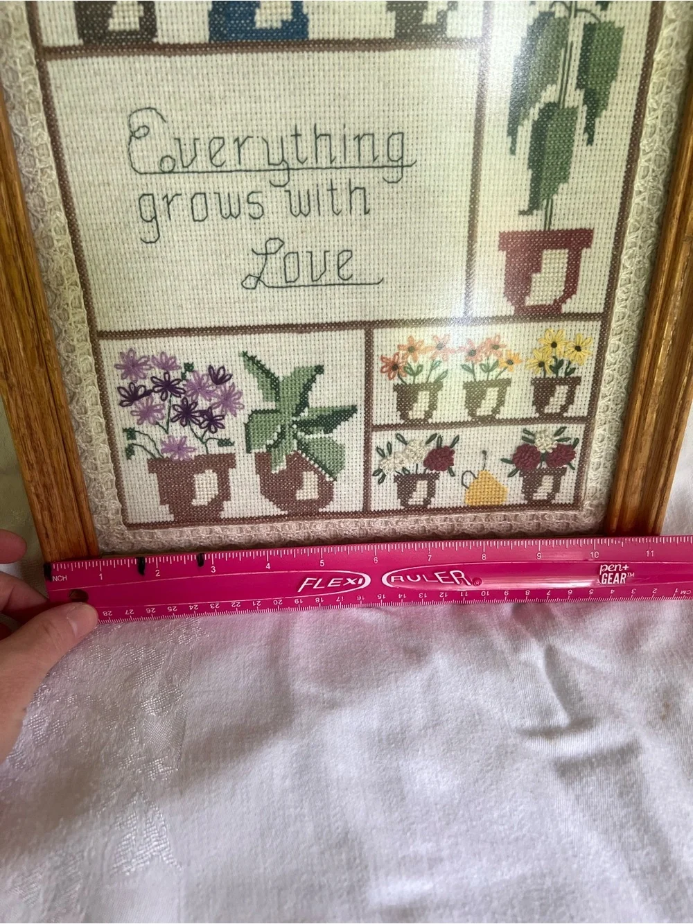 Framed Floral Cross-Stitch Wall Art - Brown Frame, Multicolor